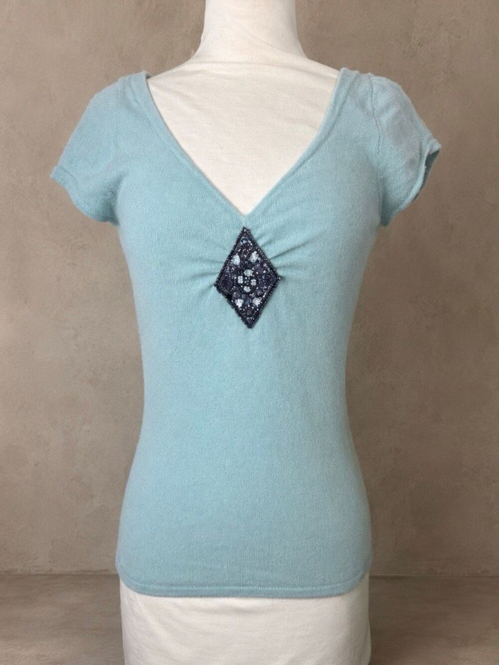 Dana Buchman Aqua Cashmere Cap Sleeve Sweater Top with Beaded Accent | medium